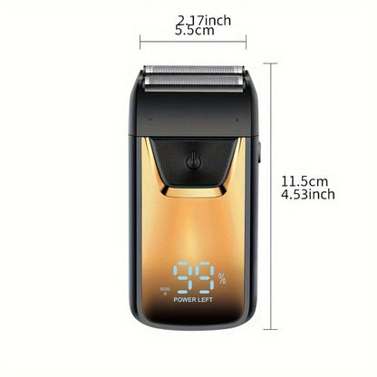 Golden-and-Black Electric Foil Shaver with Rectangular Head, Front Display and Charging Stand