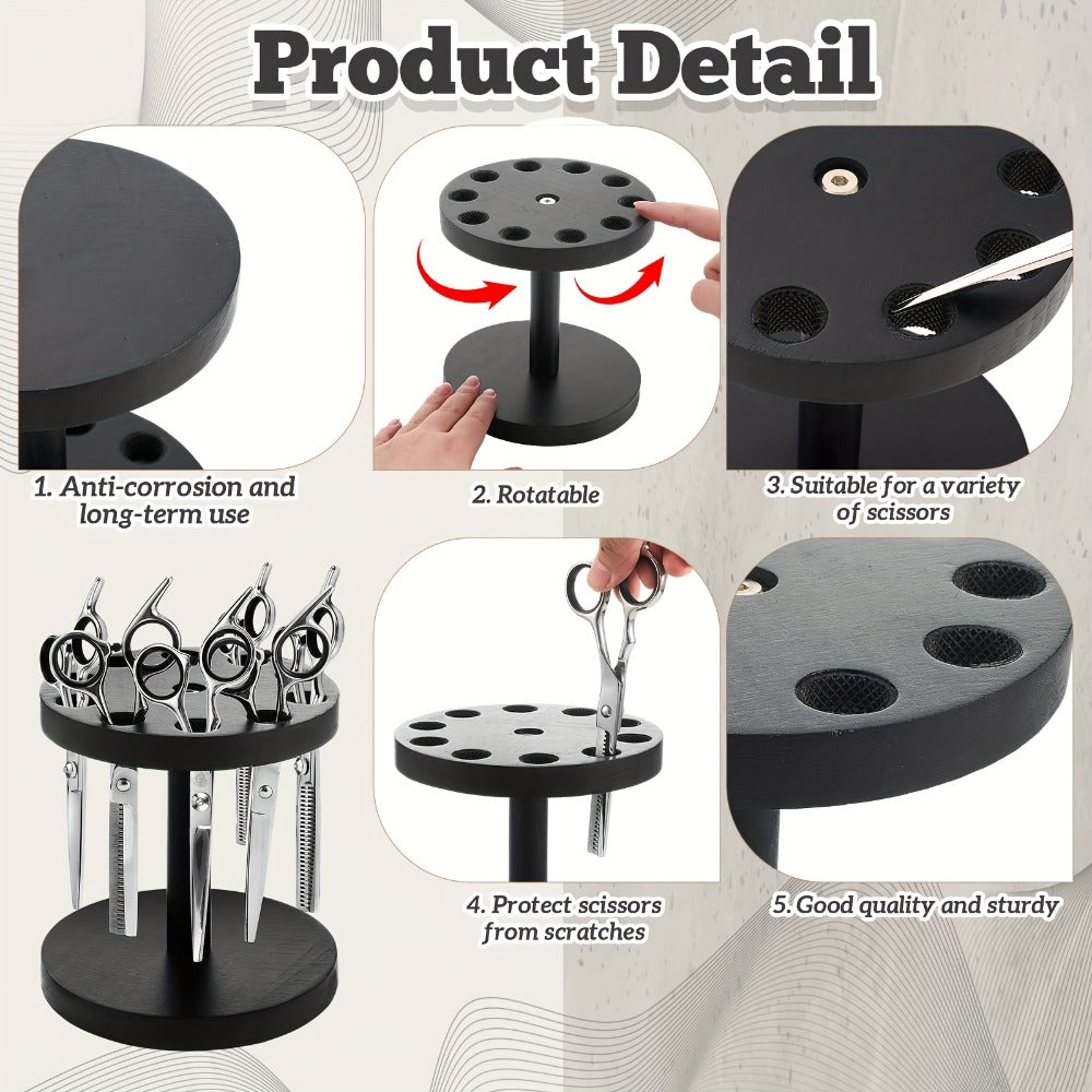 360° Rotating Scissor Holder Wooden Barber Shears Stand – 10-Slot Countertop Salon Hair Stylist Tool Organizer with 0.71" Holes
