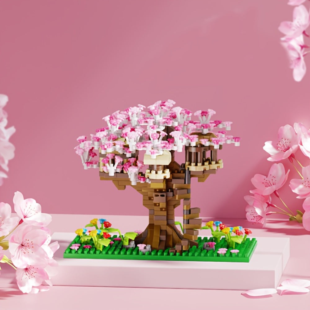 Building Block Set Cherry Blossom Tree House, 1020 or 2028 Micro Pieces with Pink Canopy and Base Display