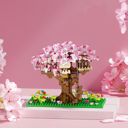 Building Block Set Cherry Blossom Tree House, 1020 or 2028 Micro Pieces with Pink Canopy and Base Display