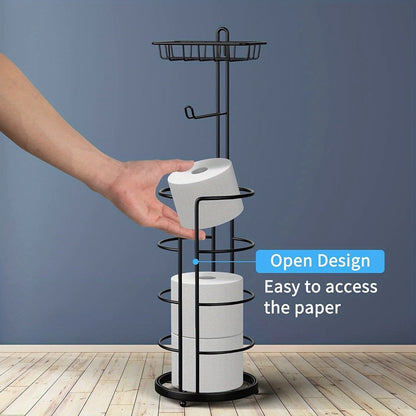 Freestanding Toilet Paper Holder with Round Four-Roll Storage Cage, Upper Shelf and One- or Two-Pack Options