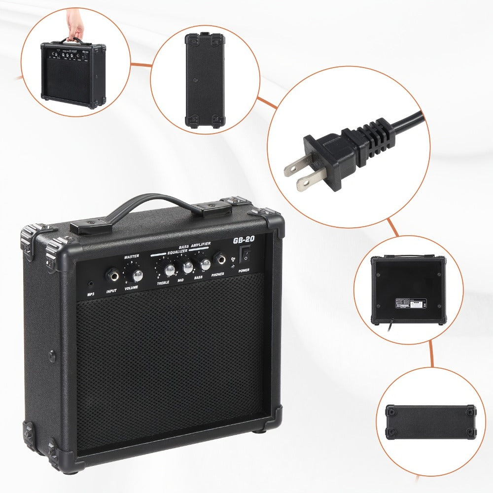20W Electric Bass Guitar Amplifier with 6.5-Inch Speaker, Volume Treble Bass Middle Controls, Headphone Output Jack