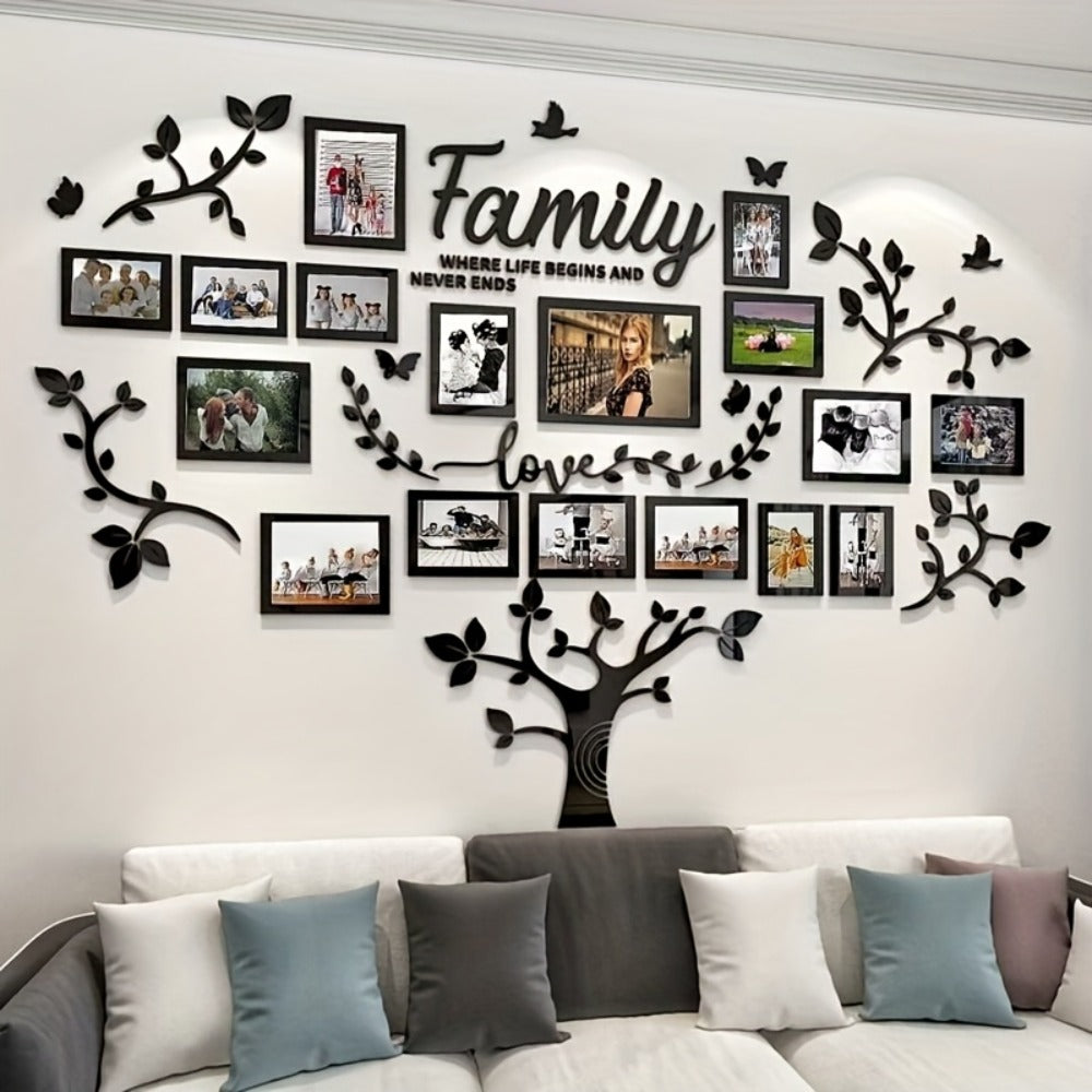 Family Tree Wall Sticker 3D Acrylic Photo Frame Collage – Removable Leaf-Shaped Picture Display with "Family" & "Love" Text