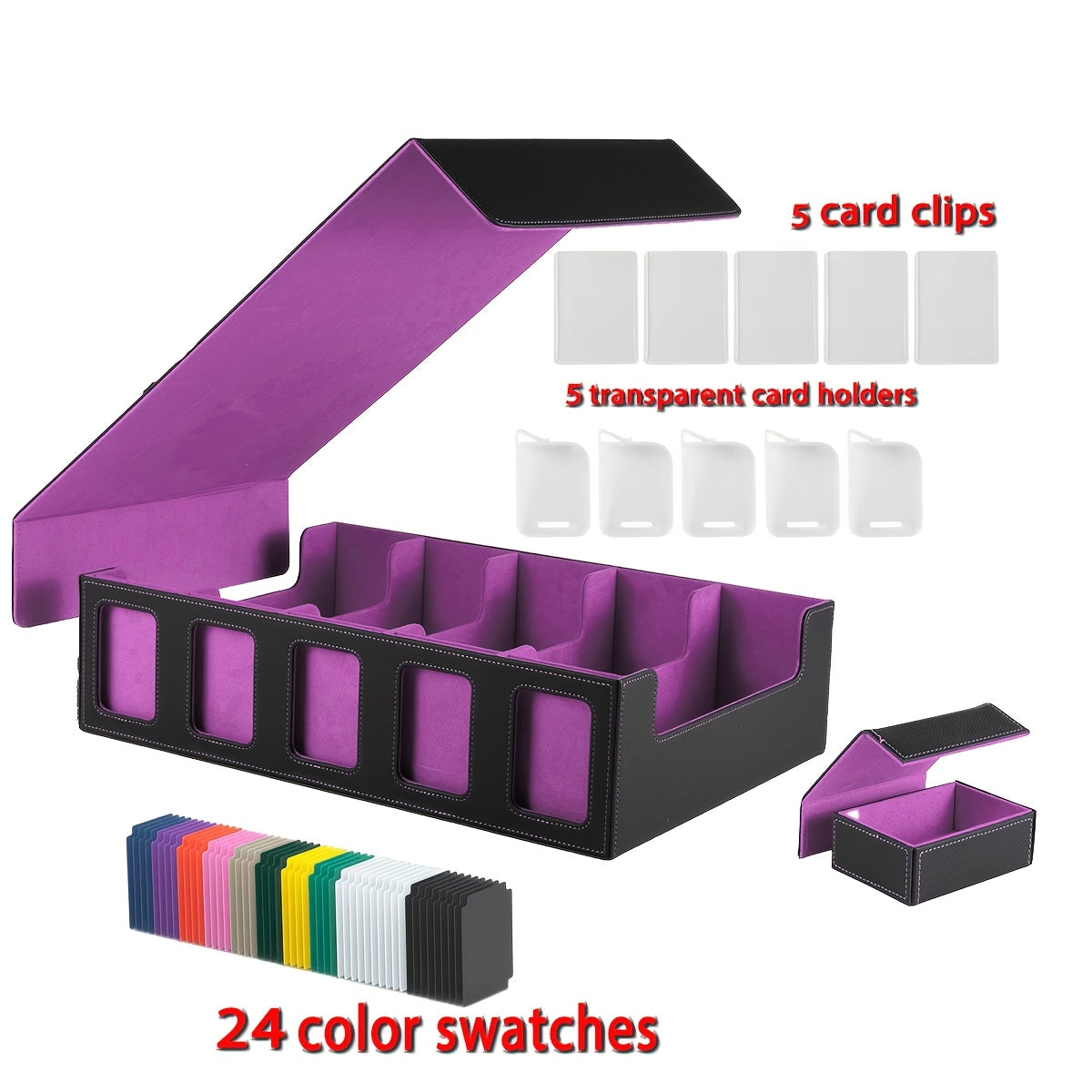 Trading Card Storage Box 5-Row with 24 Colored Dividers, 5 Card Sleeves & 5 Grid Boards – Card Organizer for Pokemon MTG Yu-Gi-Oh Sports