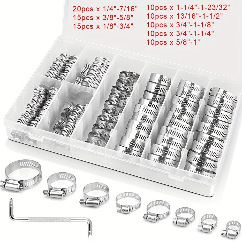Stainless Steel Hose Clamps 100-Pack Assortment Kit – Multiple Universal Sizes Adjustable Hose, for Home Plumbing Maintenance and Repair