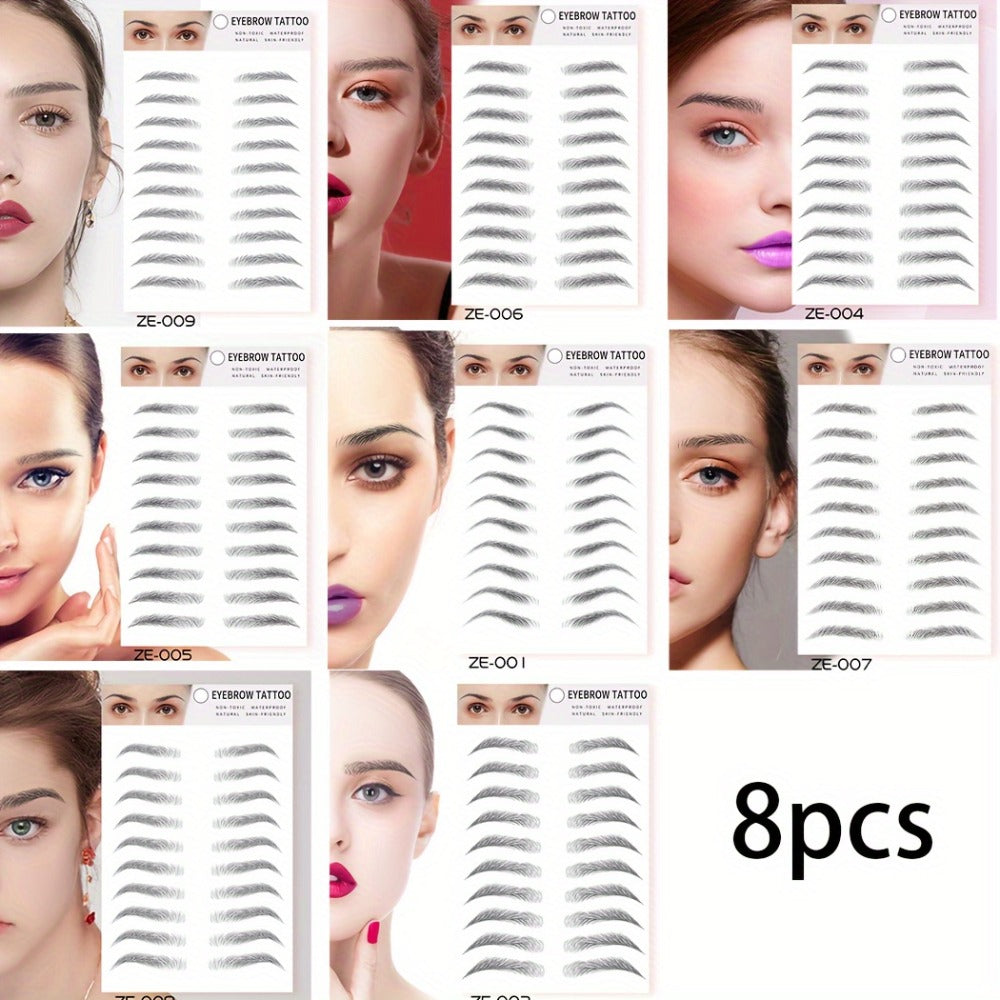 6D Eyebrow Tattoo Stickers Waterproof 8 Pcs for Women Girls, for Temporary Body Art, Festivals and Costumes