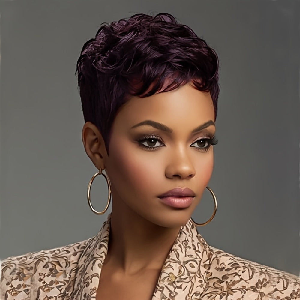 Layered Pixie Wig with Bangs Body Wave Rose Net Cap 4 Inch Synthetic Multi Color Black Burgundy Brown Red for Women Low Maintenance Casual