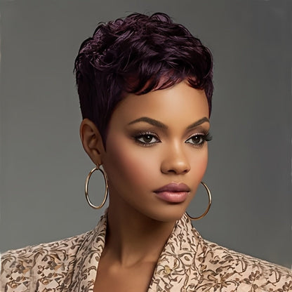 Layered Pixie Wig with Bangs Body Wave Rose Net Cap 4 Inch Synthetic Multi Color Black Burgundy Brown Red for Women Low Maintenance Casual