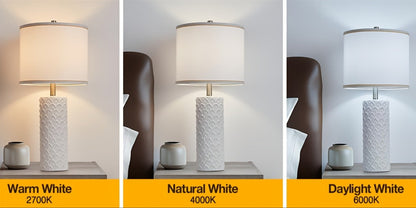 Table Lamp with Ceramic Textured Base, Drum Shade, 9W LED Bulb, Five Colors and Three Color Temperatures