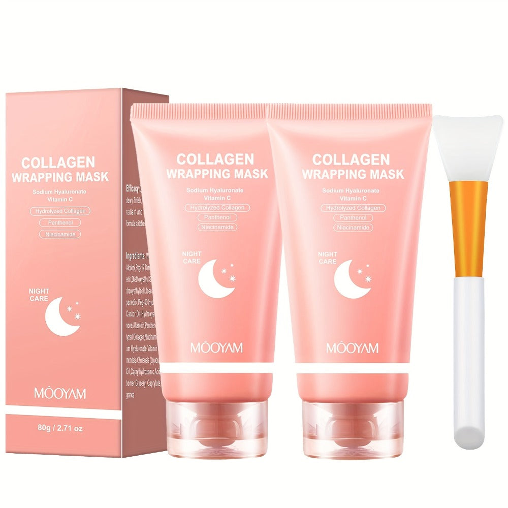 Hydrolyzed Collagen Night Mask with Brush – Niacinamide Hyaluronic Acid Vitamin C Korean Skincare Sleeping Mask for Elasticity Deep Moisture