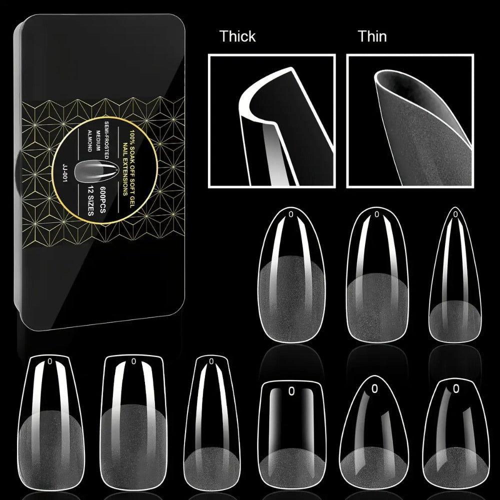 Gel Nail Tips 600 Pieces Clear Crystal Full Cover Nail Extensions – Almond Oval Coffin Stiletto Square Short Medium Long Soft Gel False