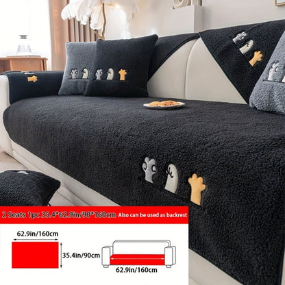 Sofa Cover Thick Plush Shearling Panels with Animal and Bone Embroidery and Backing Detail for 2 to 4 Seats
