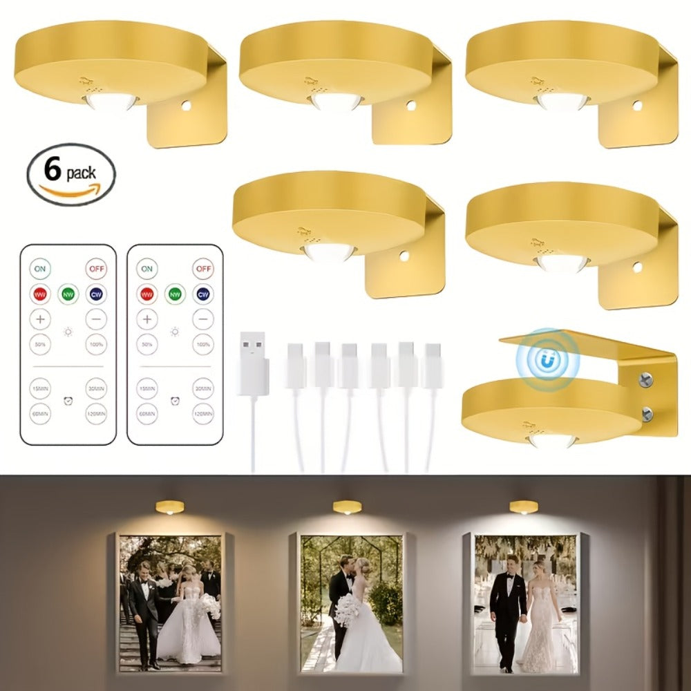 Picture Lights for Wall Rechargeable, Magnetic LED Art Display Light with Remote 3 Color Temperatures Dimmable Timer Golden Finish