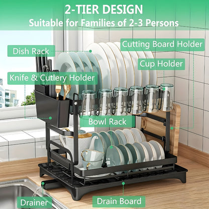Dish Drying Rack with Drainboard in Gray, White, Black, Single-Layer and Seven-Cup Configurations