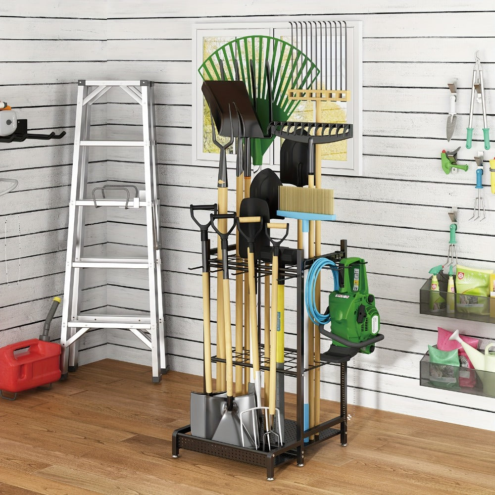 Garden Tool Organizer for Garage, Metal Yard Tool Storage Rack with Hooks & Wheels for Long-Handled Tools