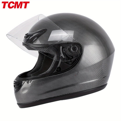 Motorcycle Helmet TCMT Full-Face Black Shell with Clear Shield, S-XL Size Chart, Interior Padding and Rear Vents