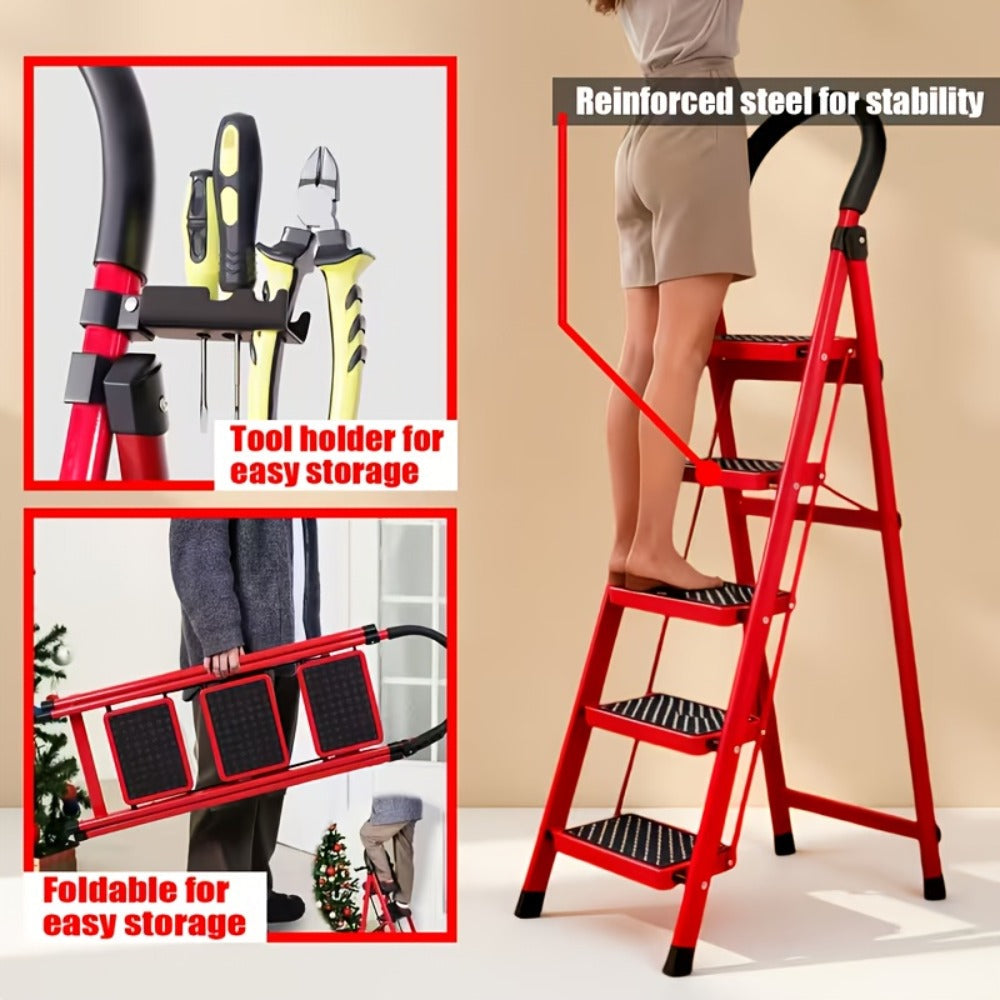 Folding Step Stool Ladder Steel with Anti-Slip Wide Treads & Handrails, Safety Lock, Portable Multi-Step Ladder for Home
