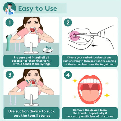Tonsil Stone Remover Electric Vacuum Kit with LED Light – 3 Suction Modes 5X Magnifying Mirror Oral Irrigator Safe Gentle Tonsillolith