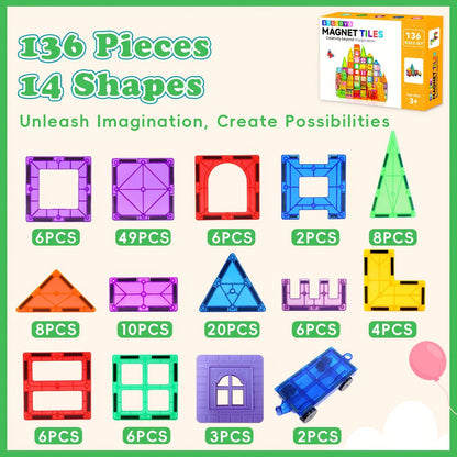 Magnetic Tiles for Kids 106/136pcs with 2 Toy Cars – STEM Approved Educational Magnet Building Blocks Set Stacking Puzzle Toy for Boys