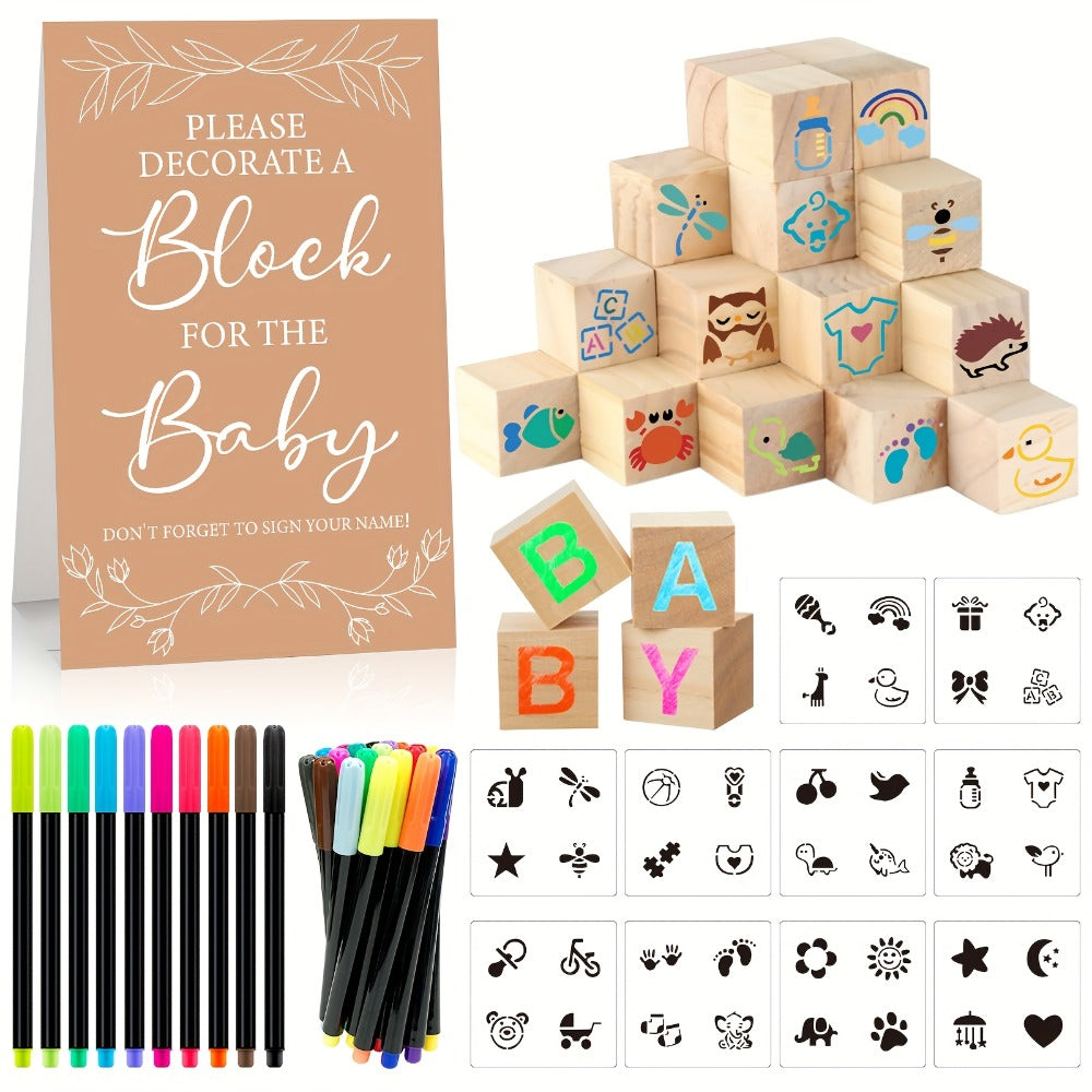 Wooden Block Stacking Game Party Kit 51pcs 30pcs – Baby Shower Tumbling Tower Decoration Sign Set Classic Flower Greenery Fox Bear Style No