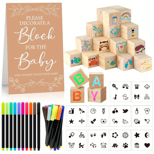 Wooden Block Stacking Game Party Kit 51pcs 30pcs – Baby Shower Tumbling Tower Decoration Sign Set Classic Flower Greenery Fox Bear Style No
