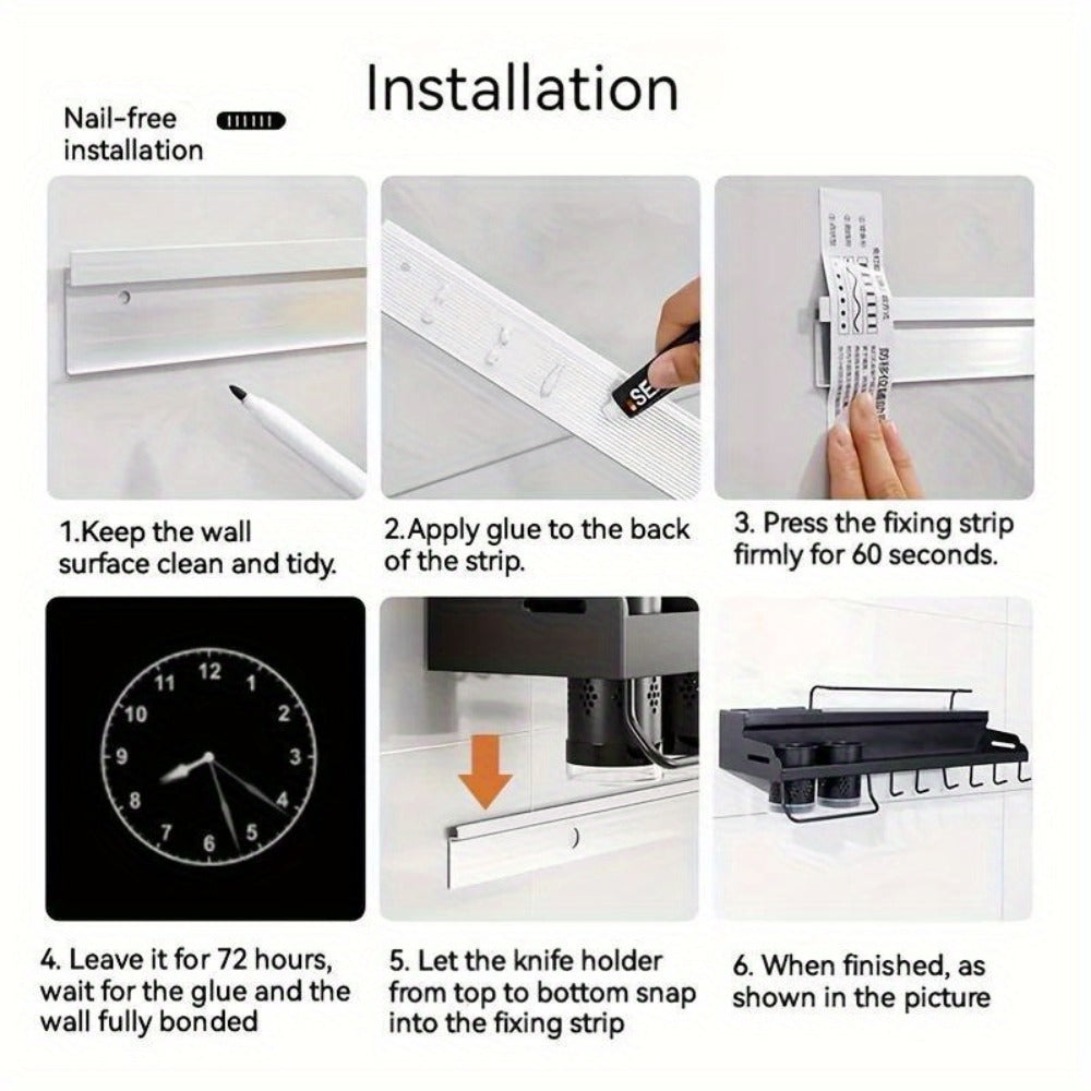 Wall-Mounted Kitchen Organizer with Two Storage Tiers, Knife Slots, Chopstick Cup and Towel Bar