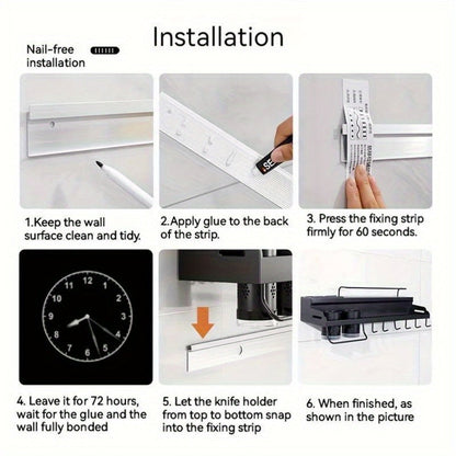 Wall-Mounted Kitchen Organizer with Two Storage Tiers, Knife Slots, Chopstick Cup and Towel Bar