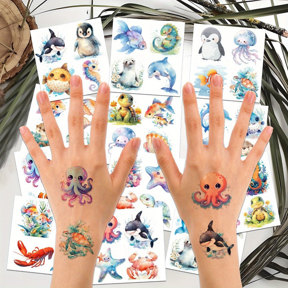 Ocean Animals Temporary Tattoo Stickers 12 Sheets 48 Designs Underwater Sea Creatures Cartoon Vibrant Body
