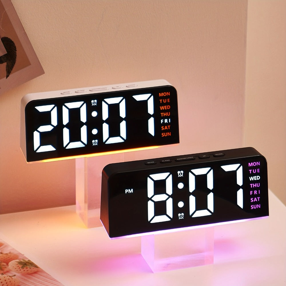 Purple-Accent LED Desk Alarm Clock with Time, Weekday and Date Display, Four Brightness Levels and USB Power
