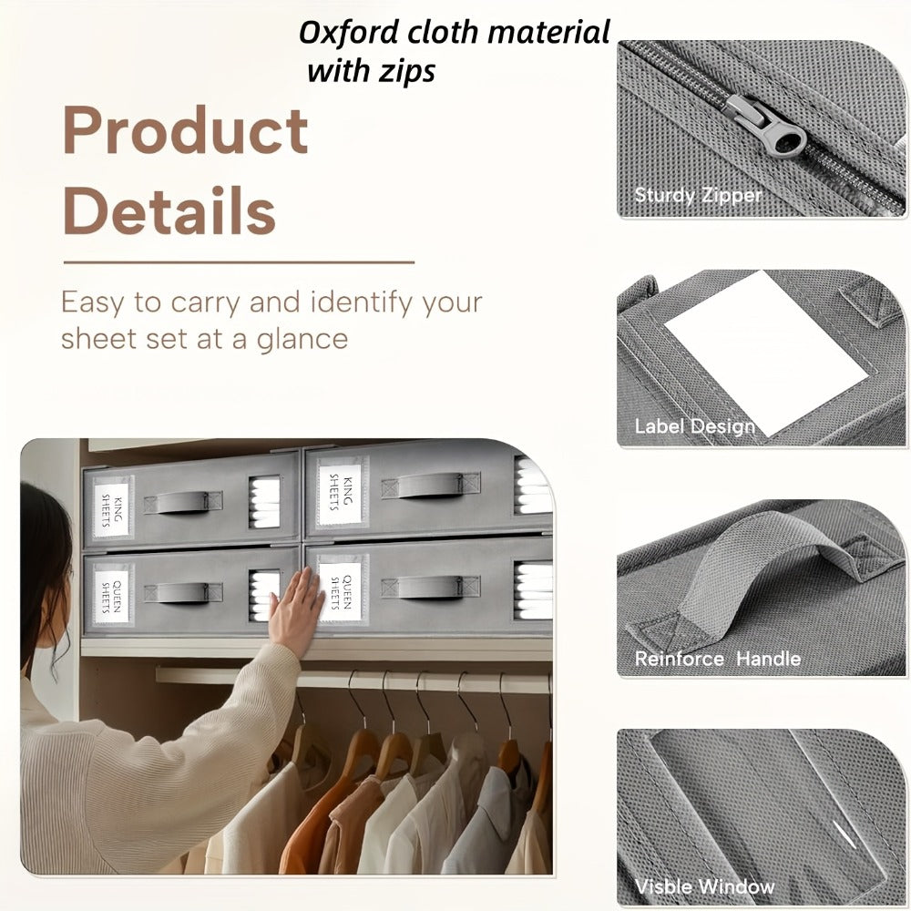 Four-Pack Bed Sheet Storage Boxes with Clear Windows, Labels and Oxford or Nonwoven Fabric Options