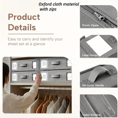 Four-Pack Bed Sheet Storage Boxes with Clear Windows, Labels and Oxford or Nonwoven Fabric Options