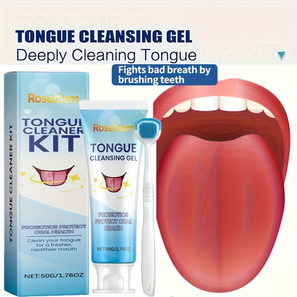 Tongue Cleaner Kit with Probiotic Cleansing Gel & Tongue Brush, Bad Breath Eliminator Fresh Mouth Daily Oral
