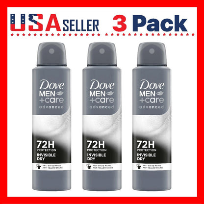 Dove Men+Care Invisible Dry Antiperspirant Spray, 150 ml Cans in Three-Pack with 72H Label