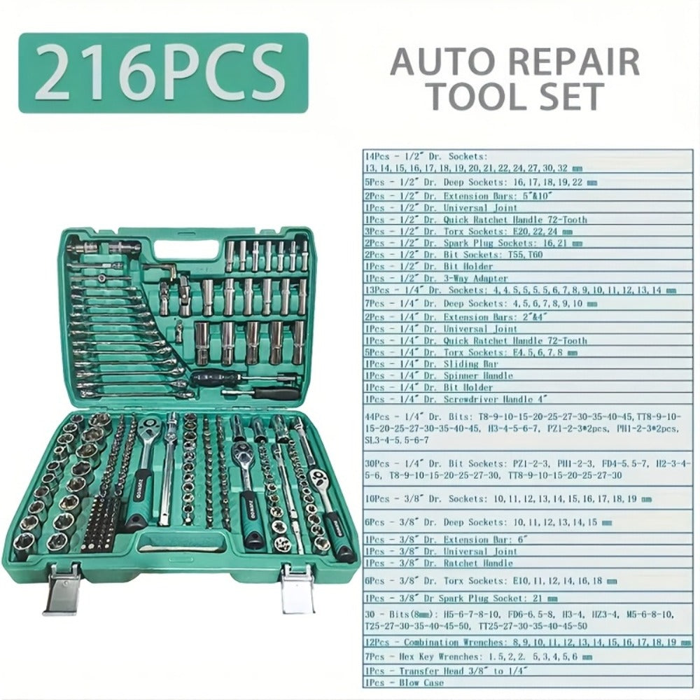 216-Piece Professional Socket Set 1/4" 3/8" 1/2" Drive – S2 & CR-V Steel Ratchet Wrench Kit with Deep & Standard Sockets for Auto Repair