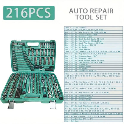 216-Piece Professional Socket Set 1/4" 3/8" 1/2" Drive – S2 & CR-V Steel Ratchet Wrench Kit with Deep & Standard Sockets for Auto Repair