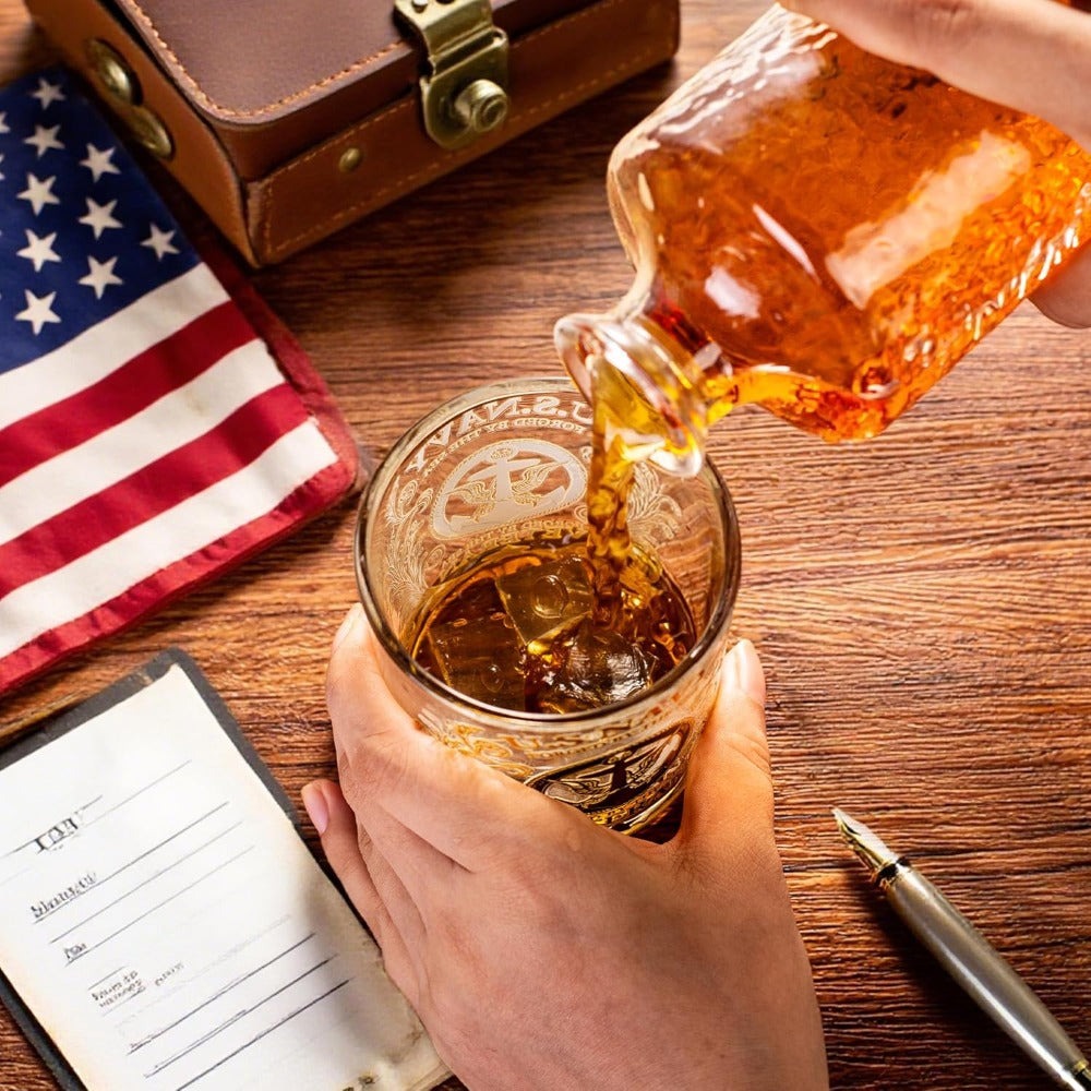 Engraved Veteran Tribute Whiskey Glass 10oz - US Navy Military Gift, Personalized Patriotic Whiskey Glasses for Dad