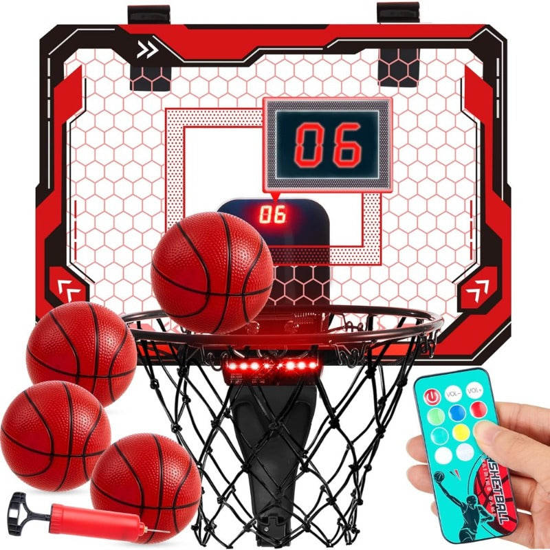 Indoor Basketball Hoop for Kids Over the Door, Light Up LED Scoreboard 4 Balls Air Pump 3 Game Modes 7 Light Shows