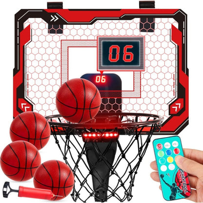 Indoor Basketball Hoop for Kids Over the Door, Light Up LED Scoreboard 4 Balls Air Pump 3 Game Modes 7 Light Shows