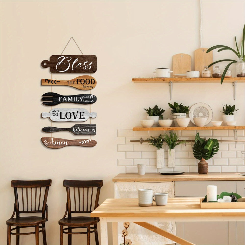 Farmhouse Wall Decor Wood Sign Set – "Bless The Food Before Us" Rustic Kitchen Dining Room Hanging Plaque