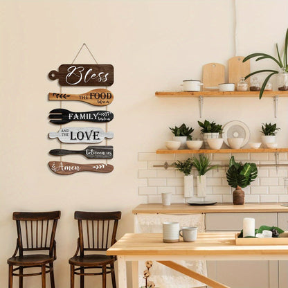 Farmhouse Wall Decor Wood Sign Set – "Bless The Food Before Us" Rustic Kitchen Dining Room Hanging Plaque