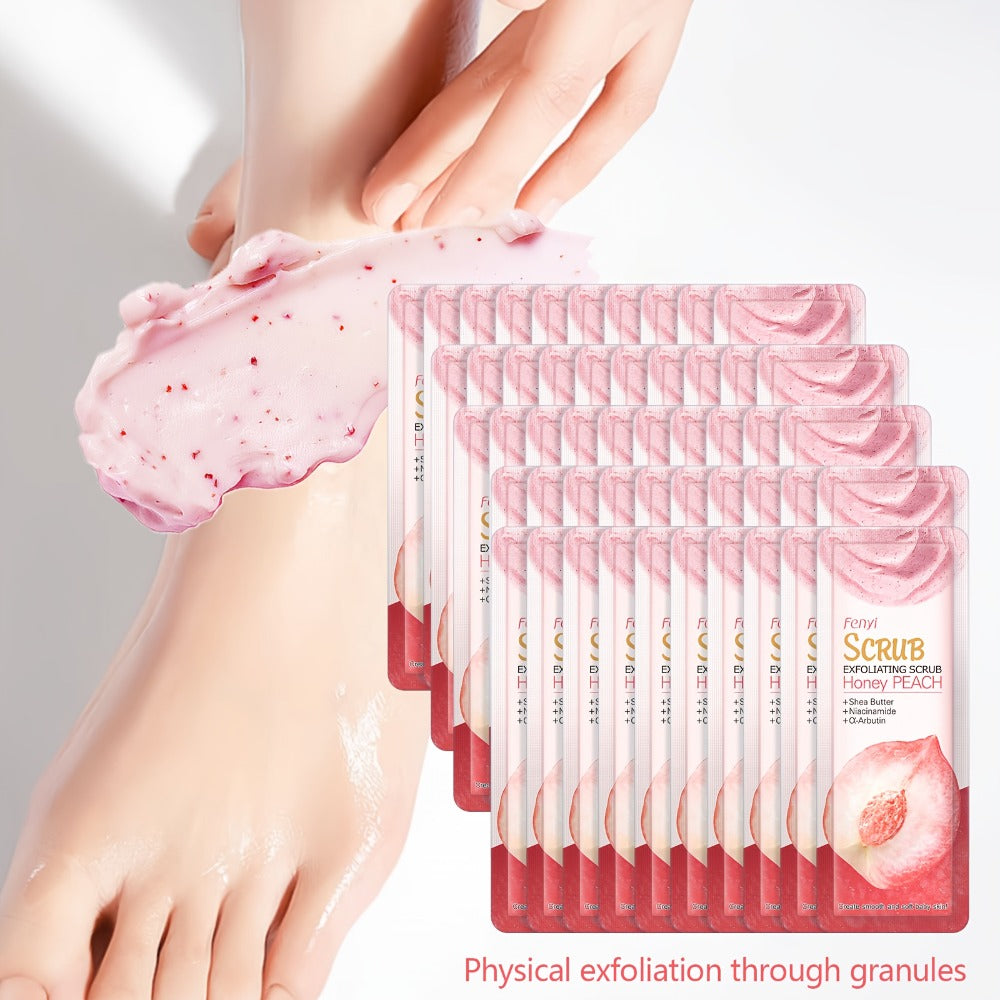 Peach Body Scrub with Jojoba Beads, Fifty 0.11oz Travel Sachets for Foot and Body Care at Home