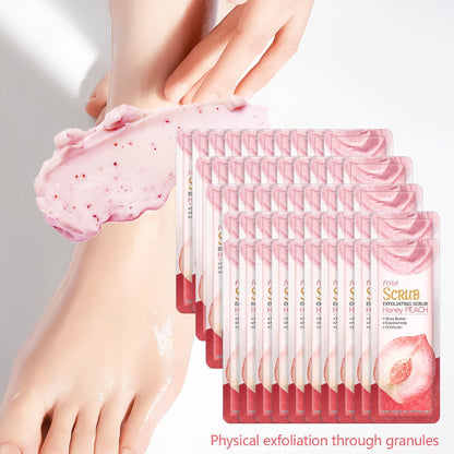 Peach Body Scrub with Jojoba Beads, Fifty 0.11oz Travel Sachets for Foot and Body Care at Home