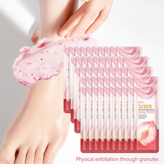Peach Body Scrub with Jojoba Beads, Fifty 0.11oz Travel Sachets for Foot and Body Care at Home