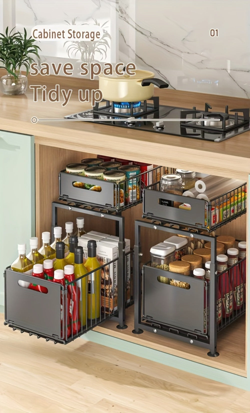 Under Sink Organizer 2-Tier Pull Out – Adjustable Height Carbon Steel Cabinet Storage Shelf for Kitchen and Bathroom