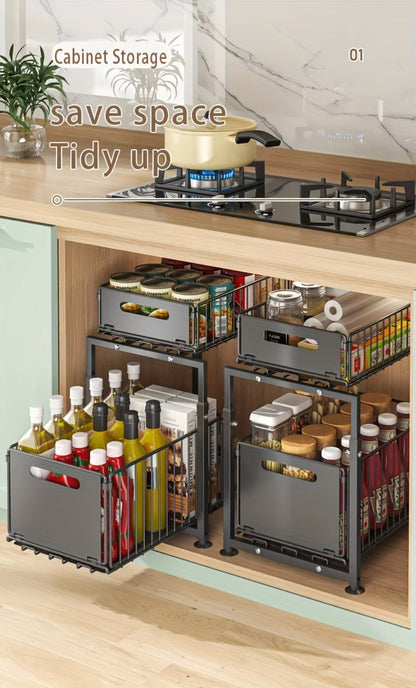 Under Sink Organizer 2-Tier Pull Out – Adjustable Height Carbon Steel Cabinet Storage Shelf for Kitchen and Bathroom
