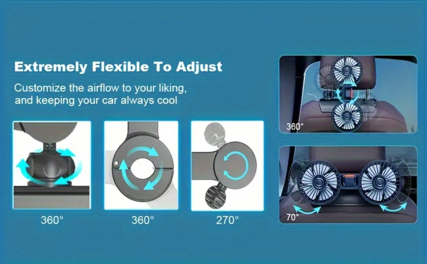 Car Fan for Back Seat – Dual Head USB Cooling Fan, Foldable 360° Rotation, Ultra-Quiet Motor, 70-Inch Cord, for Vehicle, Home & Office Use