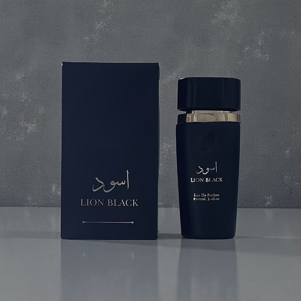Men's Cologne Lion Black 100ml Eau de Parfum Spray in Deep Blue Cylindrical Bottle with Matching Box