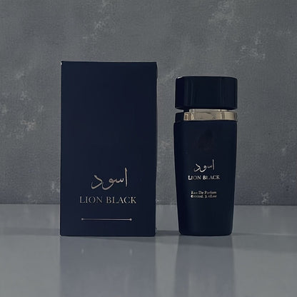 Men's Cologne Lion Black 100ml Eau de Parfum Spray in Deep Blue Cylindrical Bottle with Matching Box