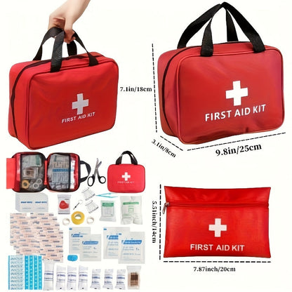 152-Piece First Aid Supply Kit in Compact Red Handled Bag with Pictured Packets and Small Tools