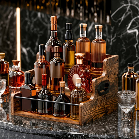 Wood Wine Rack 3 Tier Countertop Liquor Bottle Display Shelf | Solid Wood Bar Organizer for Whiskey Spirits Coffee Syrup Spices | Retro Mini